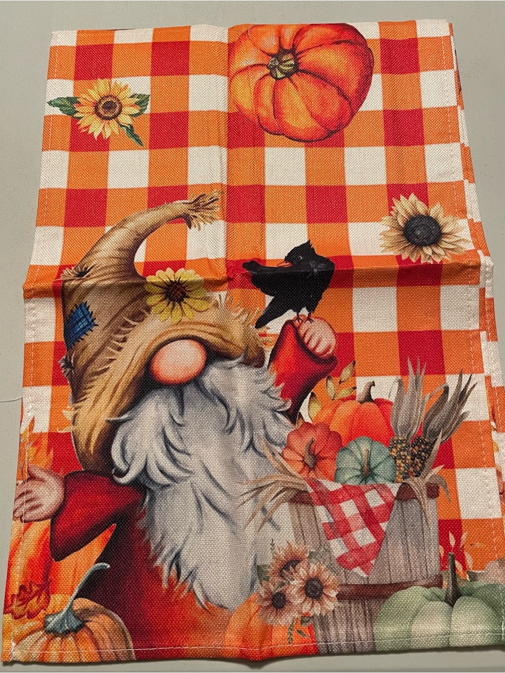 Autumn Gnome Harvest Table runner 13”x72” - Orange Plaid New